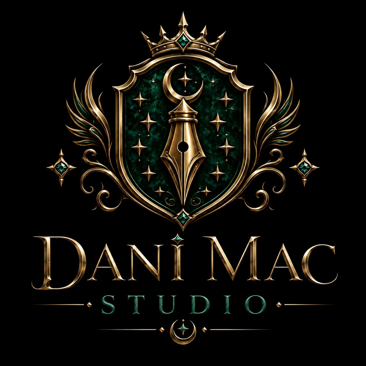 Dani Mac Studio gold and emerald crest